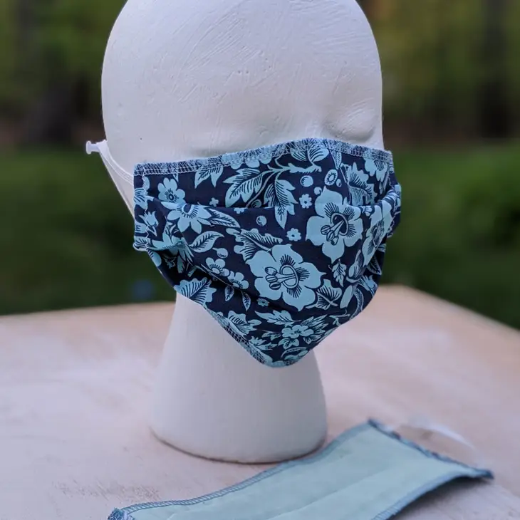 Reversible Cotton Cloth Face Mask Aqua Blue Hibiscus Print2