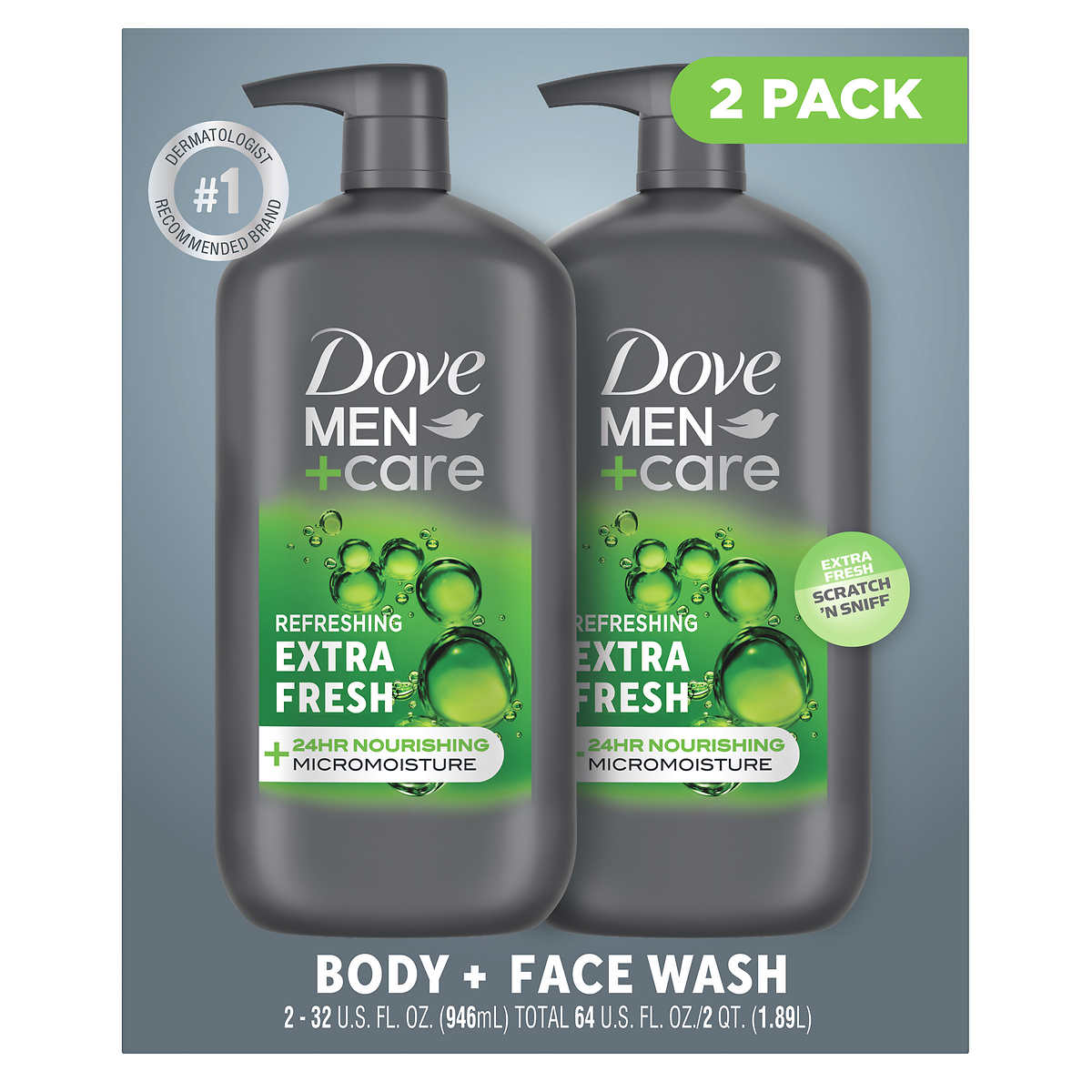 Dove Men's Extra Fresh Body + Face Wash, 32 fl oz - 2-pack