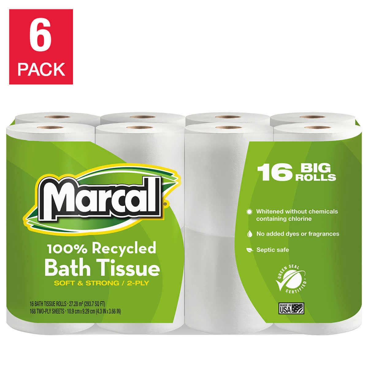 Marcal 100% Recycled 2-Ply Bath Tissue - 168 Sheets - 96 Rolls